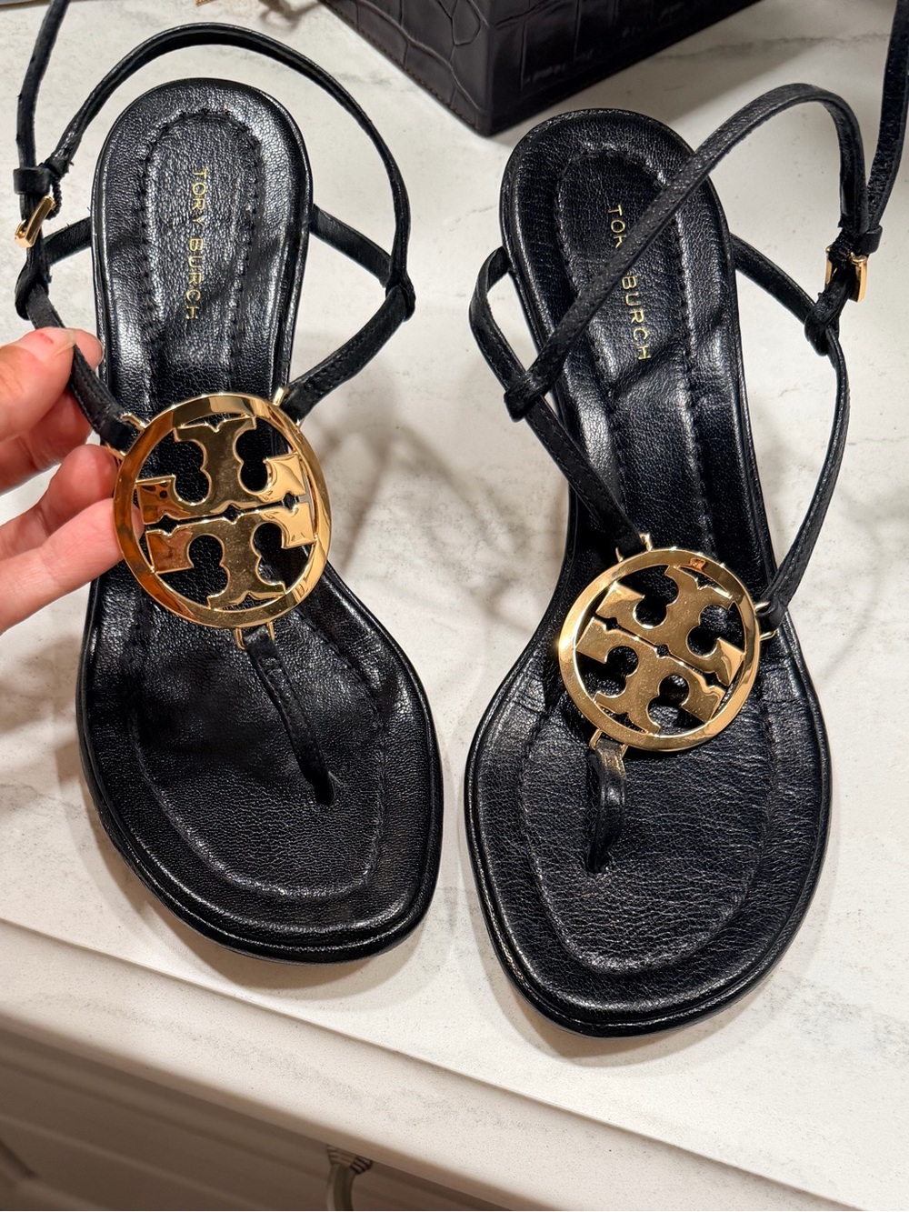 Tory Burch Black Leather Sandals with Gold Logo Medallions